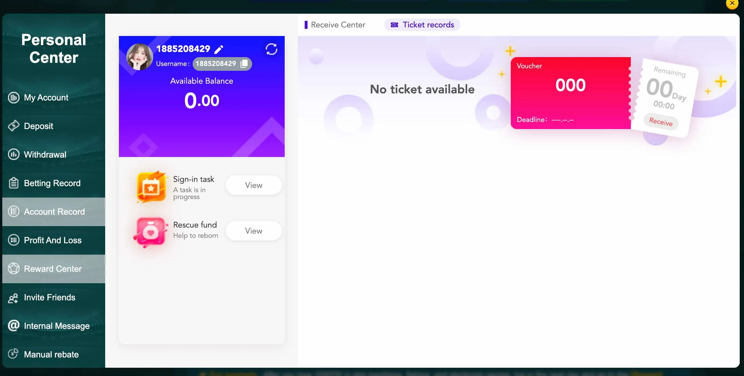 Reward Center with tasks and vouchers