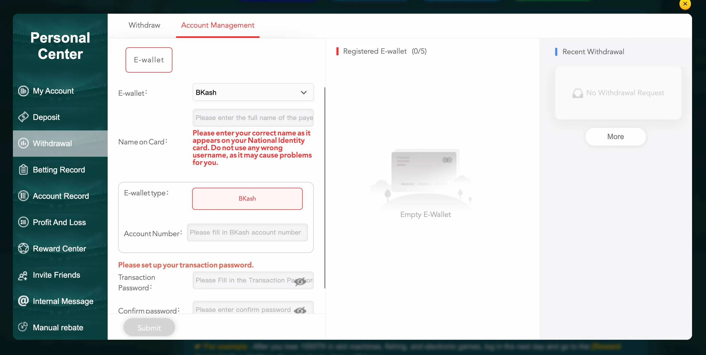 Adding wallet for EK333 withdrawals
